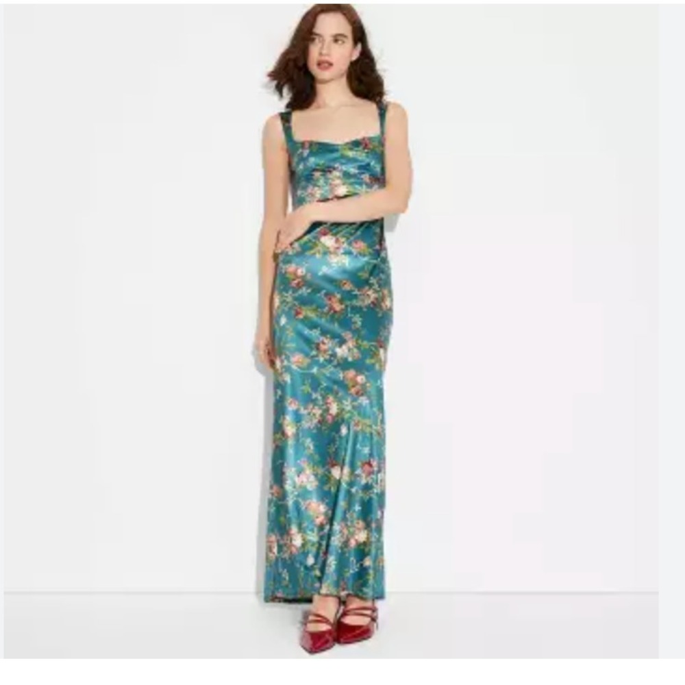 Wild Fable Women's Satin Dress Teal Floral Romantic Maxi Long Bodycon Sz: S